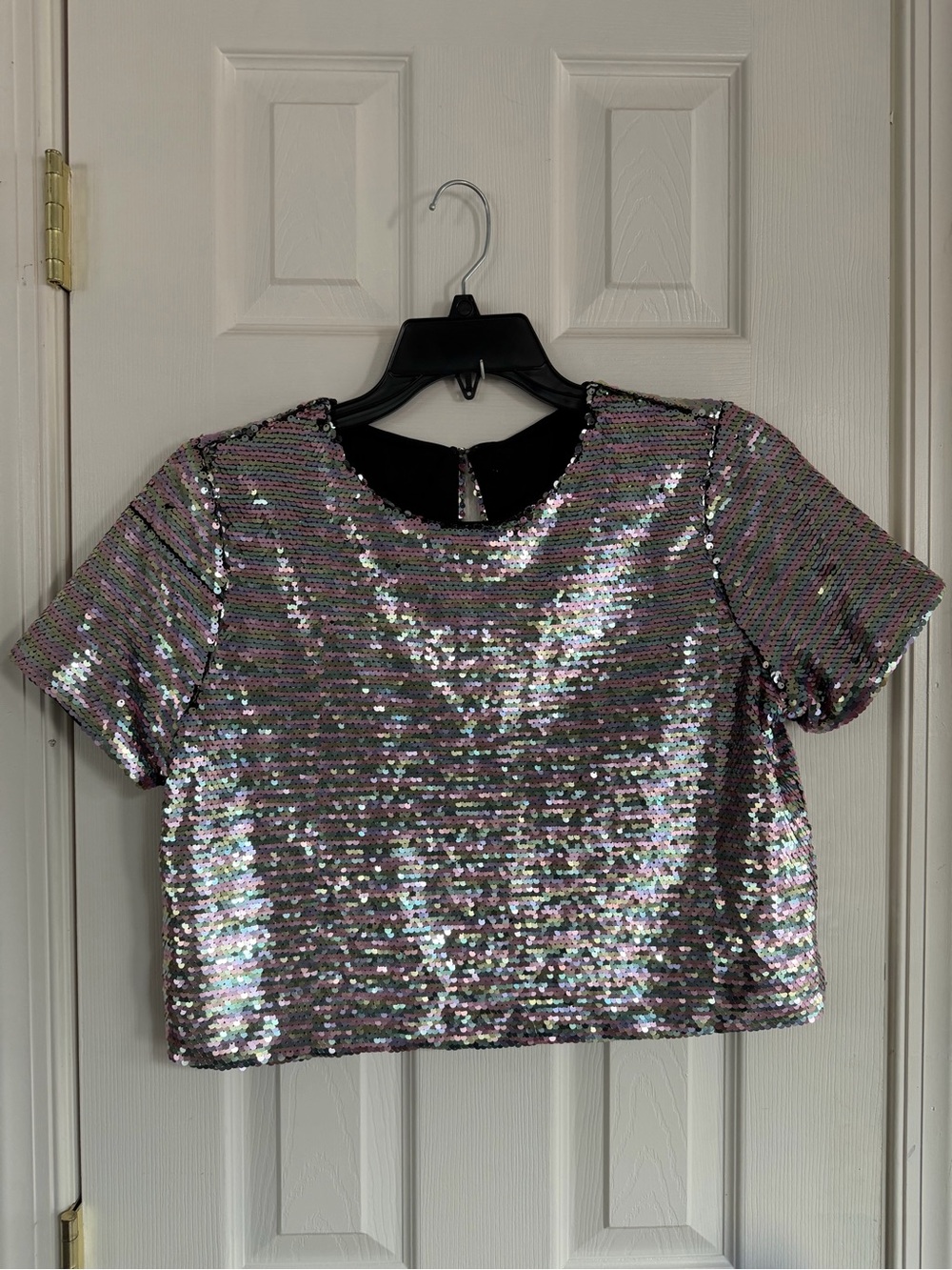 Women's Iridescent Sequin Short Sleeve Top shirt blouse crop girls